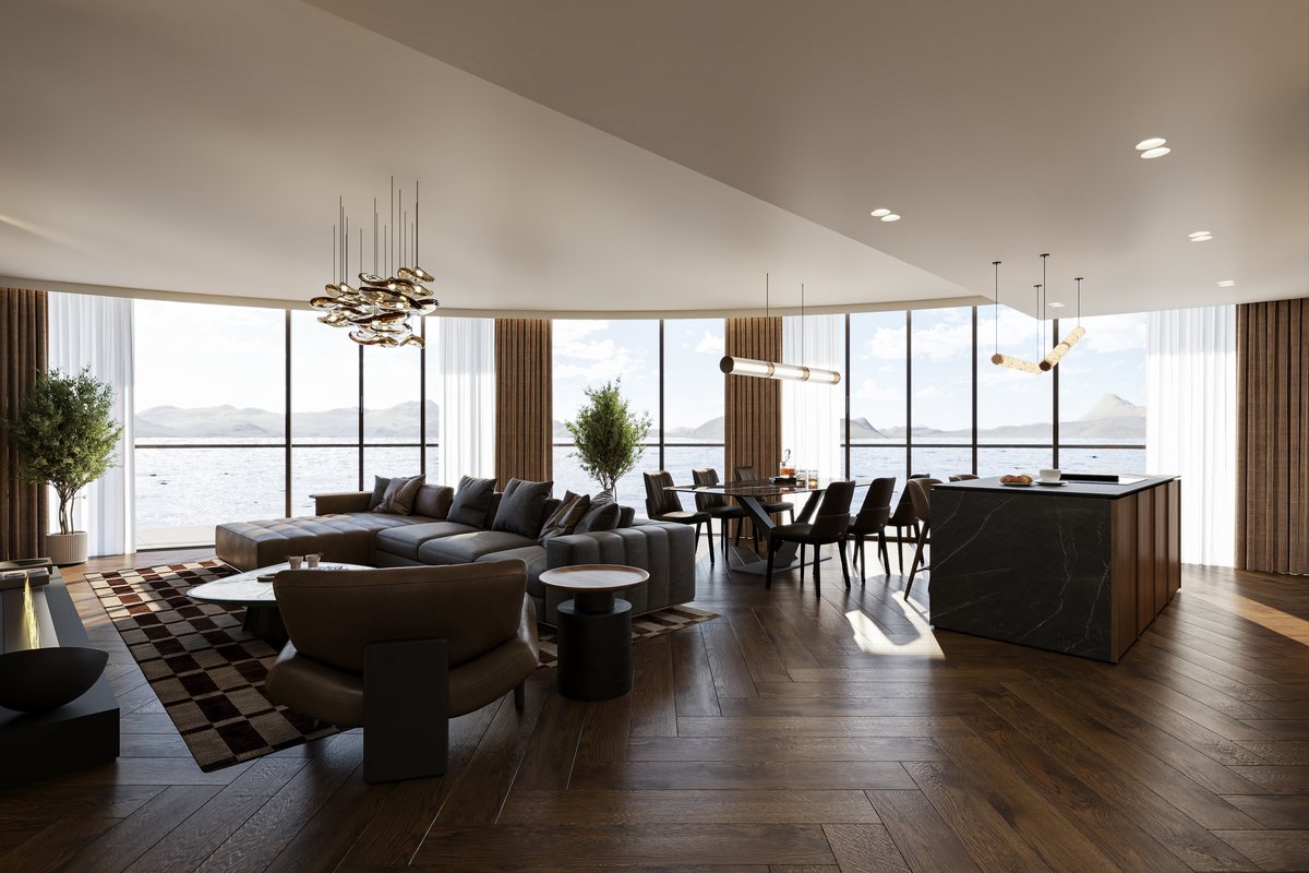 Still render of a living and dining room with sea view